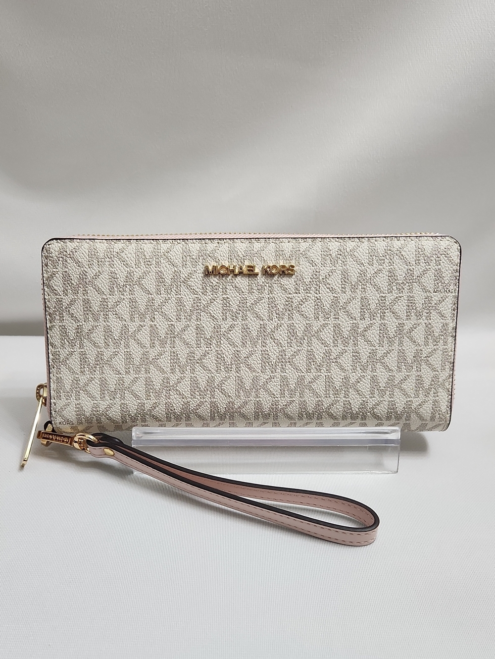 Michael Kors Beige/Blush Signature Logo Wallet Wristlet